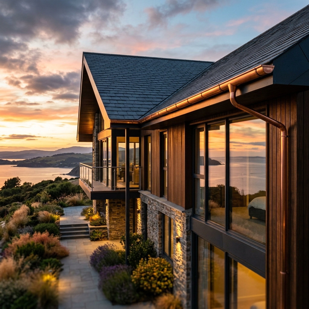 Luxury home with clean copper-gold seamless gutters