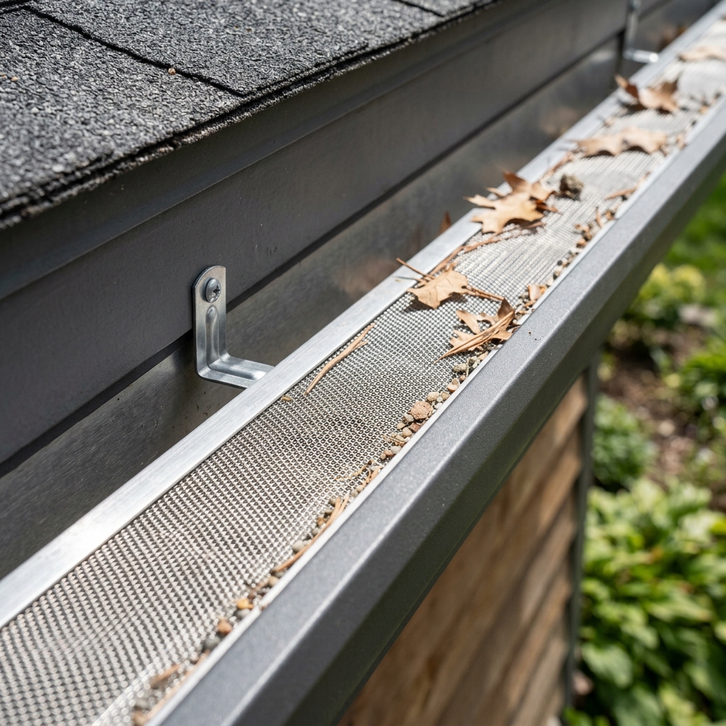 Close up of high-end stainless steel micro-mesh leaf guard filter shield on residential gutter