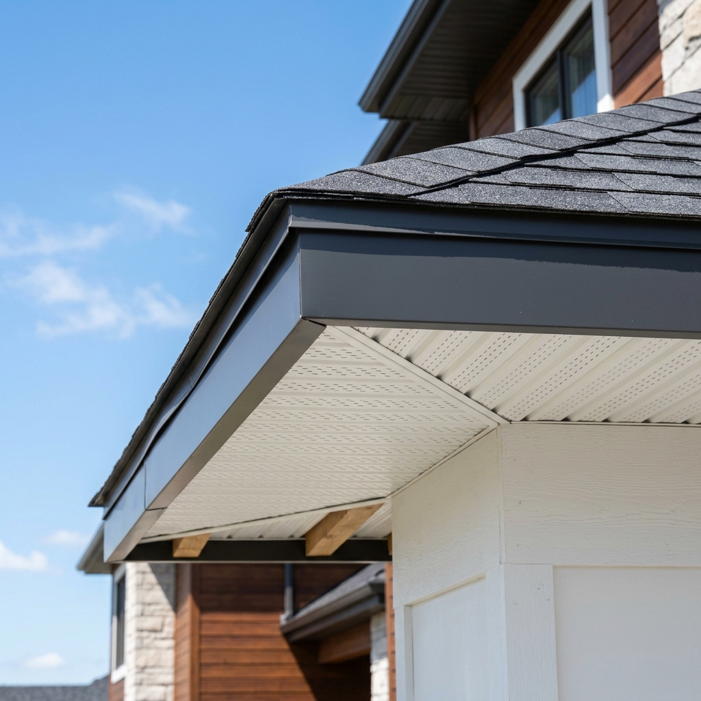 Close up architectural detail of white vinyl soffit panels and grey fascia wraps